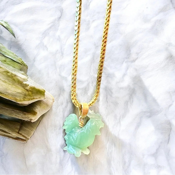 Natural Jade Carved Rooster Gold 925 Pendant - Picture 2 of 8